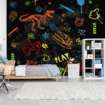 Papel de Parede Quarto Menino Desenho Dinossauro Gamer 9m²
