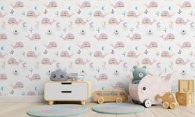 Papel de Parede Rosa e Azul Baleia - Rolo com 9,50 Metros Decoração de Luxo Infantil Papel de Parede Rosa e Azul Baleia - Rolo com 9,50 Metros Decoração de Luxo Infantil