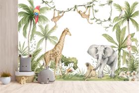 Papel de Parede - Safari Aquarela com Macacos, Elefante, Girafa entre Outros Para decorar ambiente