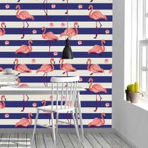 Papel de Parede Tropical Flamingos com Listras em Azul e Flores 1 Metro