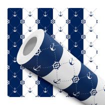 Papel De Parede Vinílico Âncora Barco Listras Azul E Branco Quarto Infantil 1m