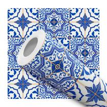 Papel De Parede Vinílico Azulejo Português Azul e Branco Cozinha 10m