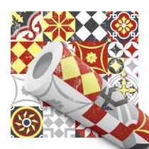Papel De Parede Vinílico Azulejo Português Vermelho e Amarelo Cozinha 12m