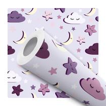 Papel De Parede Vinílico Céu Roxo Infantil Estrela Lua Nuvem Quarto 10m