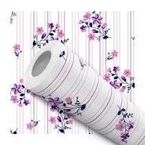 Papel De Parede Vinílico Floral Lilás Com Listras Sala Quarto 1.5m