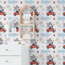 Papel De Parede Vinílico Gato Carrinho Vermelho Quarto 10m