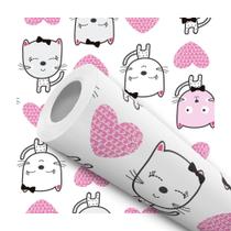 Papel de Parede Vinílico Gato Fofo Coração Rosa Infantil Quarto 2.5m