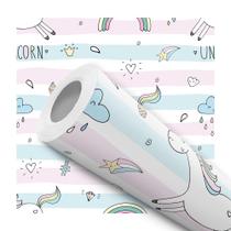 Papel de Parede Vinílico Unicórnio Listras Colorido Quarto Infantil 5m