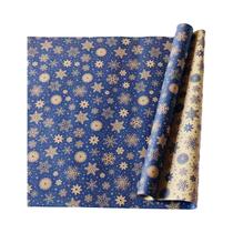 Papel De Presente Em Papel Kraft Azul Marinho Dupla Face Com Estampa De Floco De Neve Extra Longo