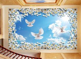 Papel De Teto Céu Azul Nuvens Flores Pombas 3,5M Rof36