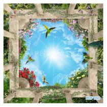 Papel De Teto Céu Azul Nuvens Moldura Impressa 3,5M Rof34