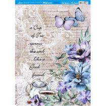 Papel Decoupage Flores Azuis e Lilases, Rendas, Borboletas Pdz-017 24,5x33cm Litoarte