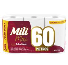 Papel Higiênico Folha Dupla Mili 06 Rolos com 60 Metros Max Neutro / Super Macio - Pacote com 360 mts