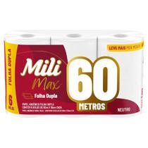 Papel Higiênico Folha Dupla Mili 6 Rolos com 60 Metros Max Neutro / Super Macio - Pacote com 360 Metros Papel Higiênico Folha Dupla Mili 6 Rolos com 60 Metros Max Neutro / Super Macio - Pacote com 360 Metros
