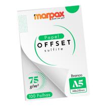 Papel Offset 75g A5 148x210mm Cor Branco Marpax com 100fls Papel Offset 75g A5 148x210mm Cor Branco Marpax com 100fls