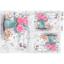 Papel para Decoupage Opapel 30x45 - Jarra café Paris e Flores - 3335