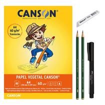 Papel Vegetal A4 Canson Bloco 50 Folhas 60g Translucido + Kit Caneta Fine Lápis 9000 Faber Borracha Desenhos Projetos