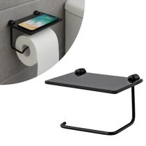 Papeleira Porta Papel Higiênico Com Porta Celular Vidro 6mm Incolor e Preto Haste Metal Luxo Papeleira Porta Papel Higiênico Com Porta Celular Vidro 6mm Incolor e Preto Haste Metal Luxo