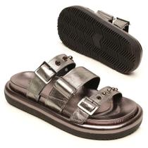 Papete Couro Sandália Feminina ajustes Fivela Milla Inox Couro Bovino Franca Griffe Prata,35