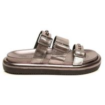 Papete Couro Sandália Feminina ajustes Fivela Milla Inox Couro Bovino Franca Griffe Prata,35