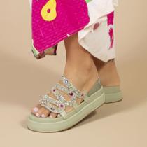 Papete Feminina Pedraria Cobra Brilho Strass Cascalho Flatform Casual Luxo Elegante Sandália Rasteirinha Plataforma