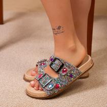 Papete Feminina Pedraria Luxo Brilho Strass Rasteirinha Flatform Anatômica Confortável Antiderrapante Casual Elegante Fivela