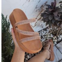 Papete Plataforma Alta Sandália Feminina Flatform Anabela 3 Tira Z Strass Luxo Branca Nude Caramelo