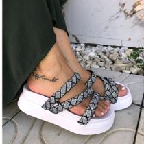 Papete Plataforma Alta Sandália Feminina Flatform Anabela 3 Tira Z Strass Luxo Branca Nude Caramelo
