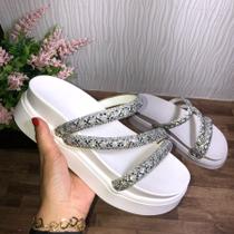 Papete Plataforma Alta Sandália Feminina Flatform Anabela 3 Tira Z Strass Luxo Branca Nude Caramelo