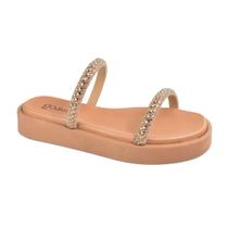 Papete Plataforma Godiva Feminina Duas Tiras Brilhante Strass Caramelo