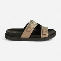 Papete Slide Tanara Flatform Com Fivelas E Pedrarias Cinza