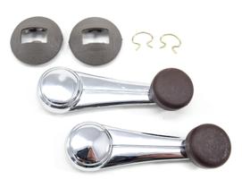 Par 2 Manivelas do Vidro em Metal Cromadas com Botão Marrom e Molduras das Maçanetas Portas Chevette Opala Caravan até 1982