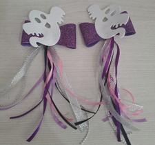 Par acessório cabelo Halloween fita laço detalhe fantasma e fitilhos bico de pato EVA glitter