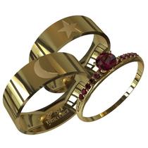 Par Aliança Ouro 18k Casamento/Noivado Desenho Estrela e Lua