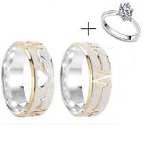 Par Aliança Prata Namoro Coração Vazado Ouro + solitário Par Aliança Prata Namoro Coração Vazado Ouro + solitário