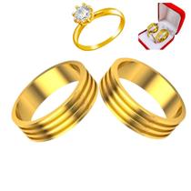 Par Alianças 6mm Noivado Ouro 18k Riscos Luxo + Anel Solitário 2mm Pedra Zirconia Branca Casal