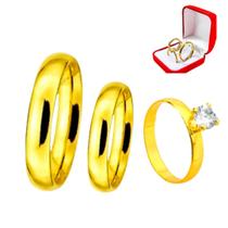 Par Alianças Banhada Ouro 18k 4mm Abaulada + Anel Solitário Pedra Branca Zirconia Ouro 18k + Porta Joias Casamento Noivos Casal Compromisso Luxo