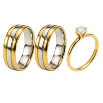 Par Alianças Casamento 6mm Ouro 18k + Anel Solitário 2mm Banhado Ouro 18k Pedra Zirconia Casal Luxo