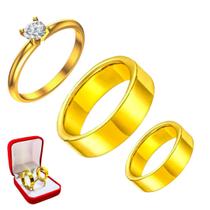 Par Alianças Casamento 6mm Reta Ouro 18k + Anel Solitário Zirconia Branca Tradicional Compromisso Noivado Casal Luxo