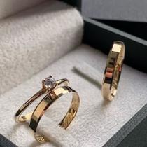Par Alianças Casamento Banhada a ouro 18k chanfrada 4mm/ o trio / 12 meses de garantia