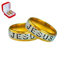 Par Alianças Jesus Banhada Ouro 18k 6mm Anel Religião Tradicional Anatomica Brilho Prata Luxo