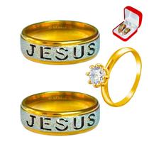 Par Alianças Jesus Ouro 18k Anel + Anel Solitário 2mm Pedra Zircônia Branca Religião Luxo Casal