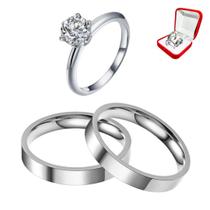 Par Alianças Namoro Prata 4mm Reta + Anel Solitário 2mm Prata Pedra Branca Namorados Casal Par Alianças Namoro Prata 4mm Reta + Anel Solitário 2mm Prata Pedra Branca Namorados Casal