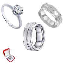 Par Alianças Namoro Prata 6mm Coração Brilho Risco + Anel Solitário Prata 2mm Zircônia Branca Namorados Casal