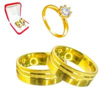 Par Alianças Ouro 18k 6mm Risco Brilho Fosco + Anel Solitário 2mm Banhado Ouro 18k Pedra Branca Casamento Noivado Luxo