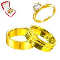 Par Alianças Ouro 18k 6mm Riscos Brilho Fosco Lisa + Anel Solitário 2mm Ouro 18k Zirconia Casamento