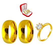 Par Alianças Ouro 18k 8mm Abaulada Tradicional + Anel Solitário 2mm Banhado Ouro 18k Noivado Casamento Compromisso + Caixa Porta Jóias Luxo Par Alianças Ouro 18k 8mm Abaulada Tradicional + Anel Solitário 2mm Banhado Ouro 18k Noivado Casamento Compromisso + Caixa Porta Jóias Luxo