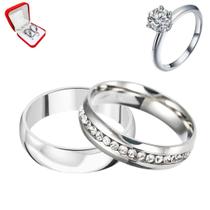 Par Alianças Prata 6mm Cravejado Pedras Brancas + Anel Solitário Prata 2mm Zircônia Branca Namoro Namorados Casal