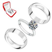 Par Alianças Prata 6mm Namorados + Anel Solitário Prata 2mm Com Pedra Branca Zirconia Luxo Casal