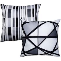 Par Almofada Sarja Listrada Geometria Cinza Preta e Branca 45x45